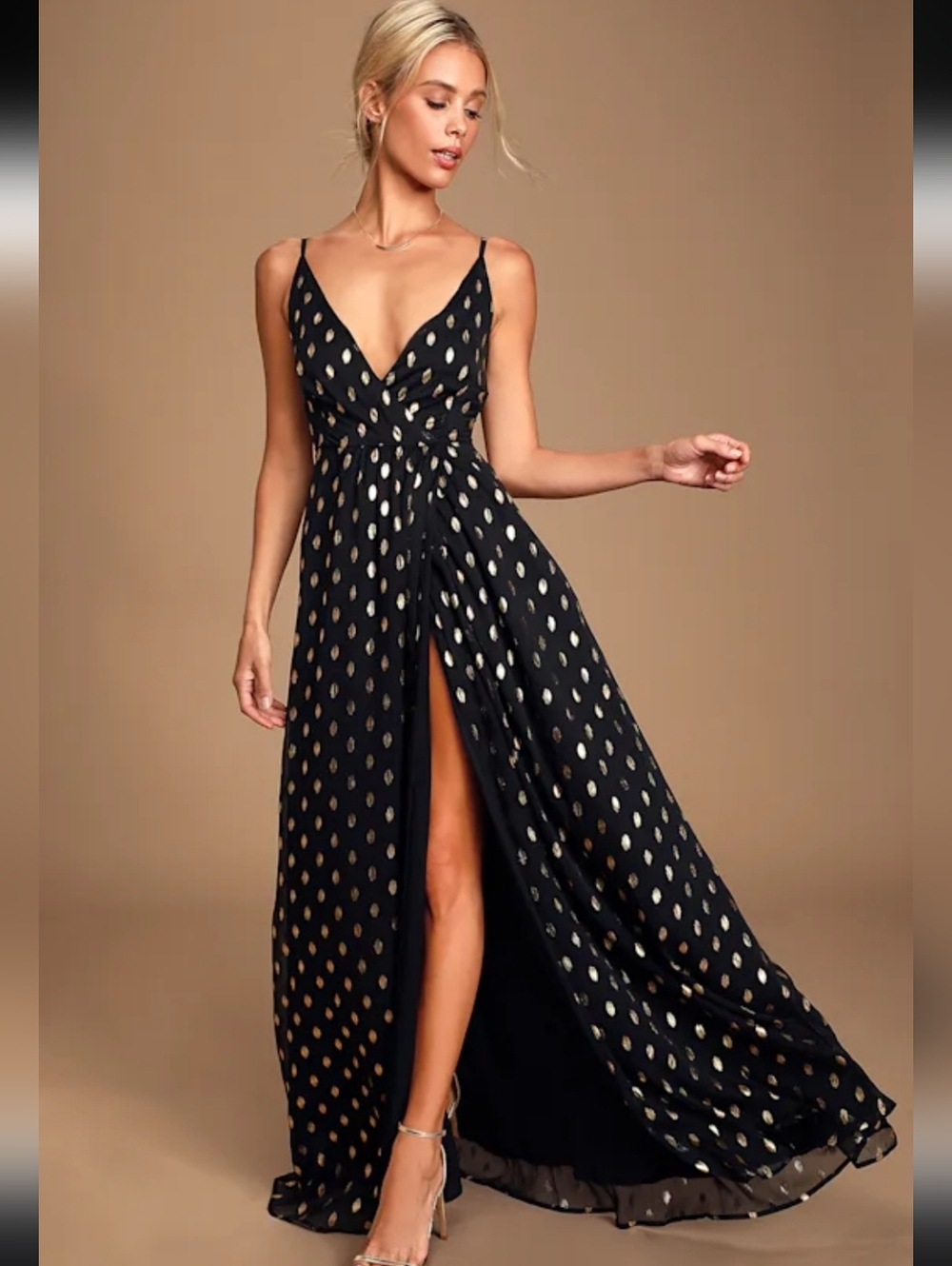 Lulu's Black Maxi Dress with Gold Dot Print NWOT Size S